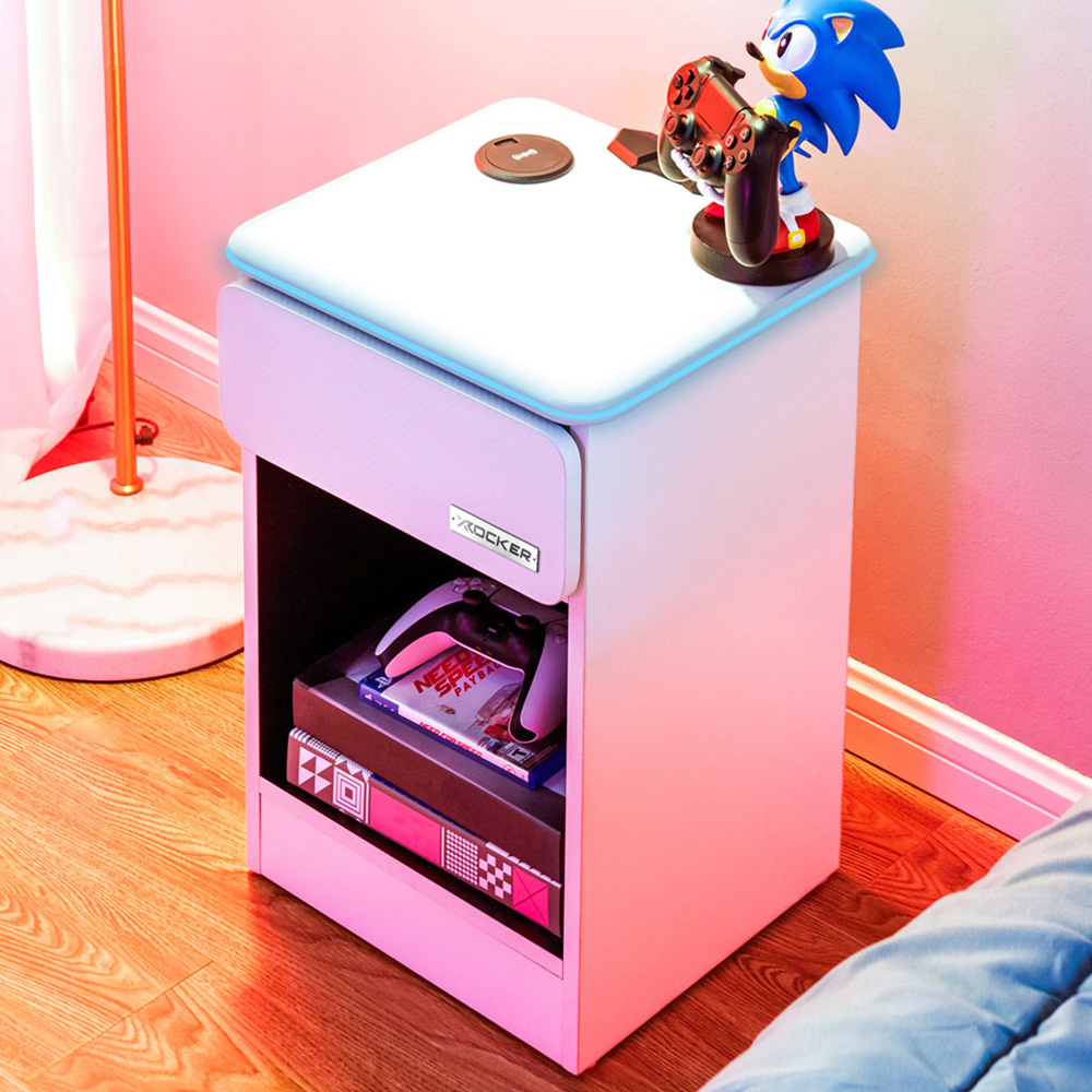 X Rocker Carbon-Tek Single Drawer Single Shelf White Bedside Table with Charging and LED Light Image 1