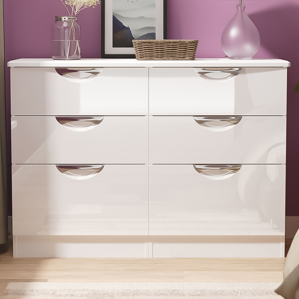 Crowndale Camden 6 Drawer White Gloss and White Wide Chest of Drawers Ready Assembled Image 1