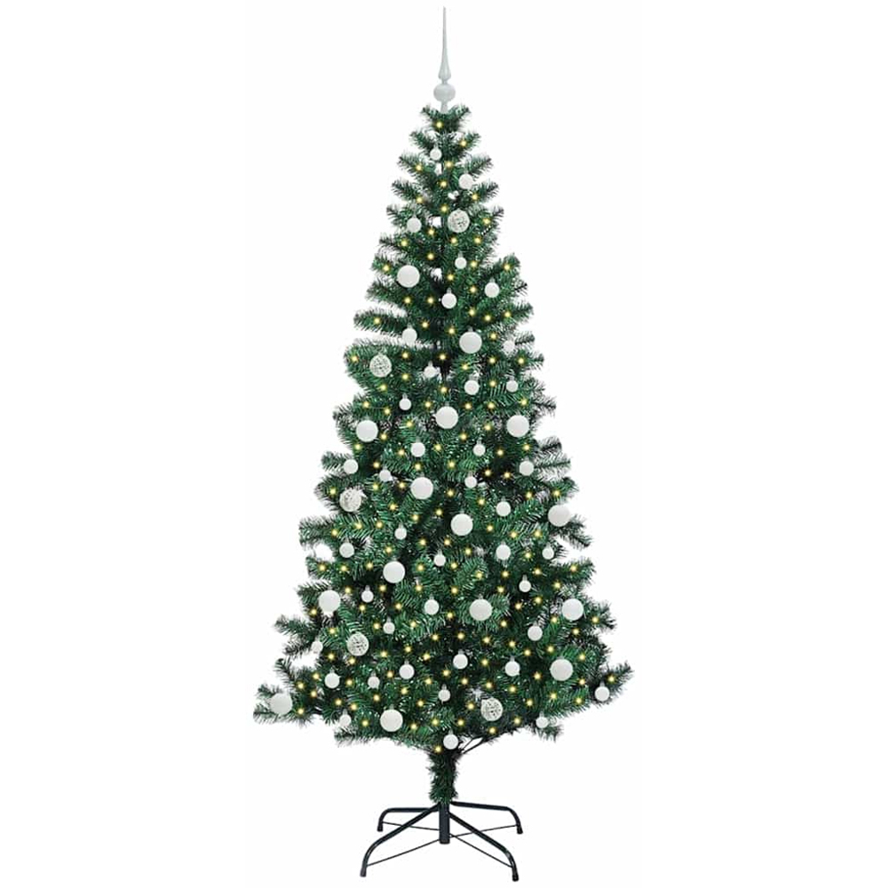 vidaXL Pre-Lit White Baubles Green Artificial Christmas Tree 7ft Image 1