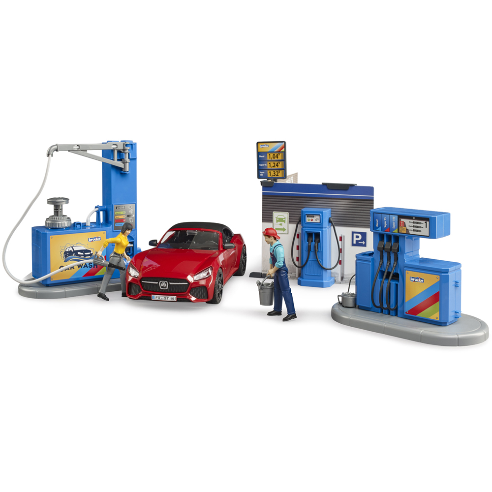 Bruder Bworld Petrol and Car Wash Station with Red Roadster and 2 Figures Image 5