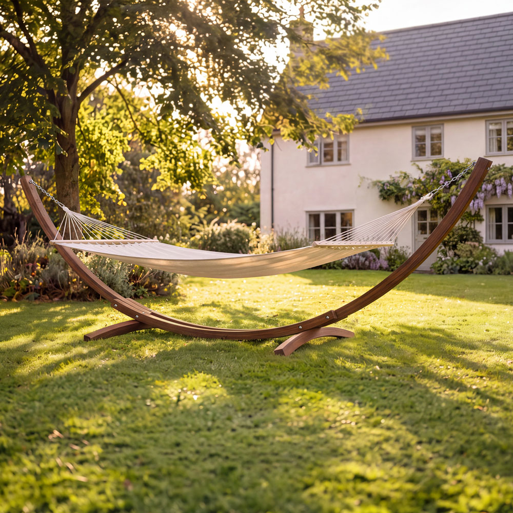 Charles Bentley Cream Canvas Extra Large Hammock with Wooden Arc Stand Image 7