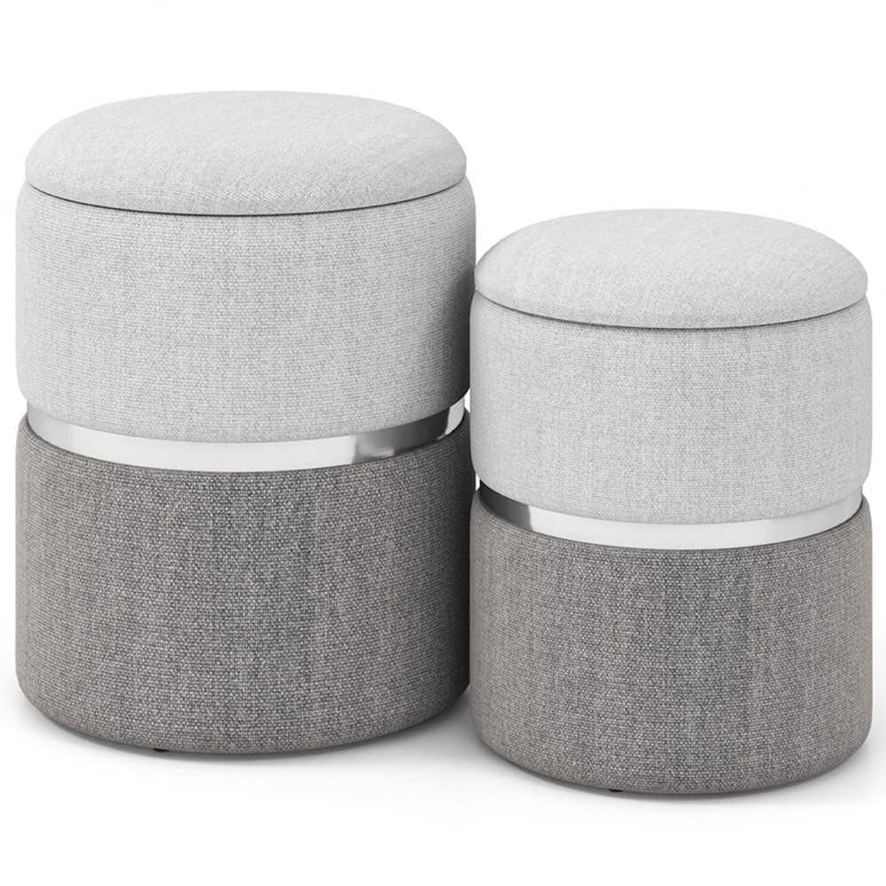 Costway Grey Round Linen Storage Ottoman Set of 2 Image 2