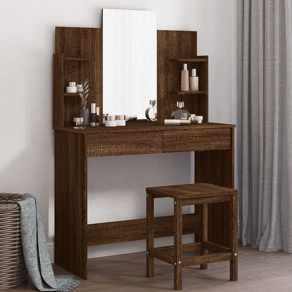 vidaXL 2 Drawer 4 Shelf Brown Oak Dressing Table with Mirror Image 1