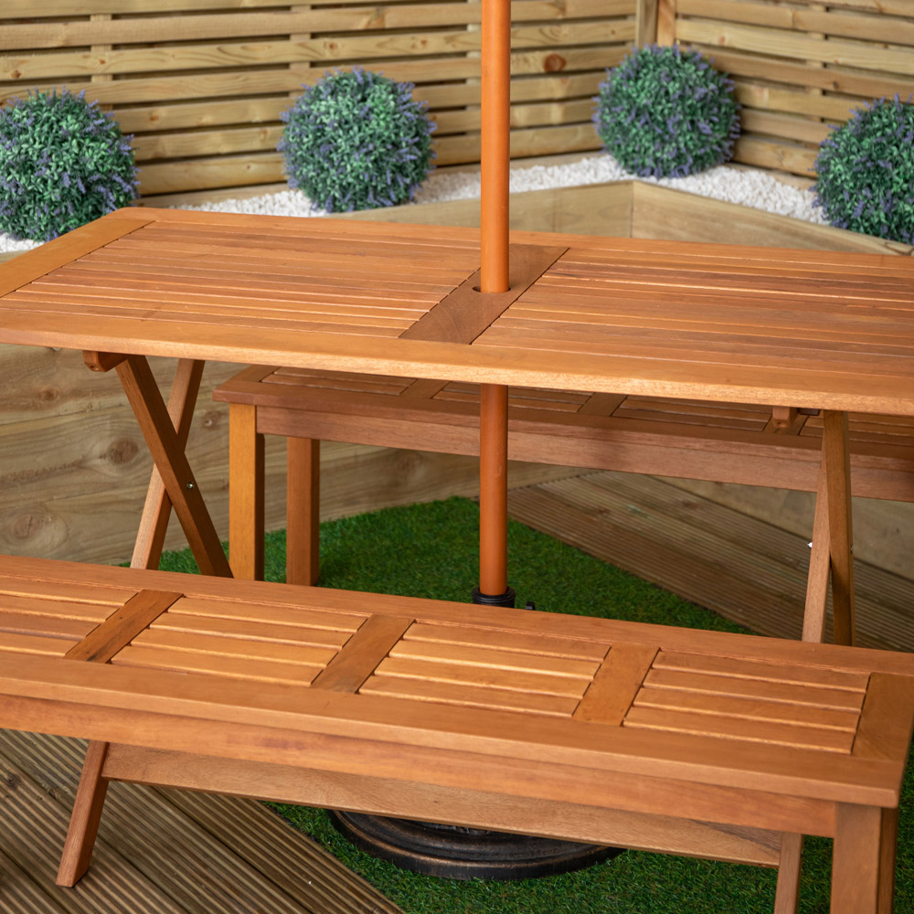 Samuel Alexander 4 Seater Wooden Rectangular Dining Bench Set with Green Parasol and Base Image 3