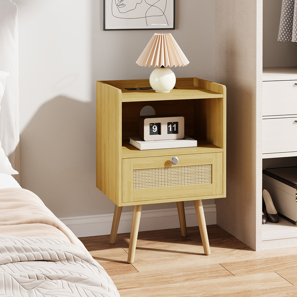 Living and Home Single Drawer Natural Wooden Bedside Table with Power Strip Set of 2 Image 3