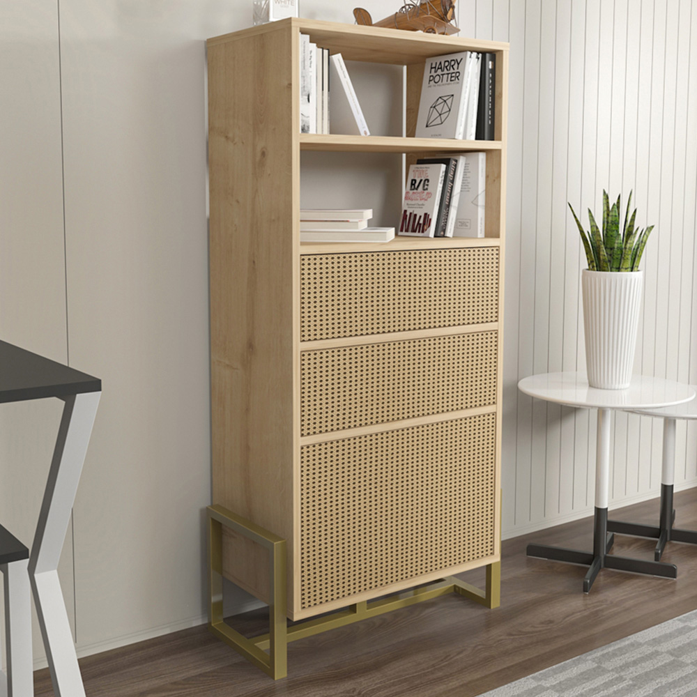 Decorotika Utopie 3 Door 2 Shelf Oak and Rattan Modern Bookshelf Image 1
