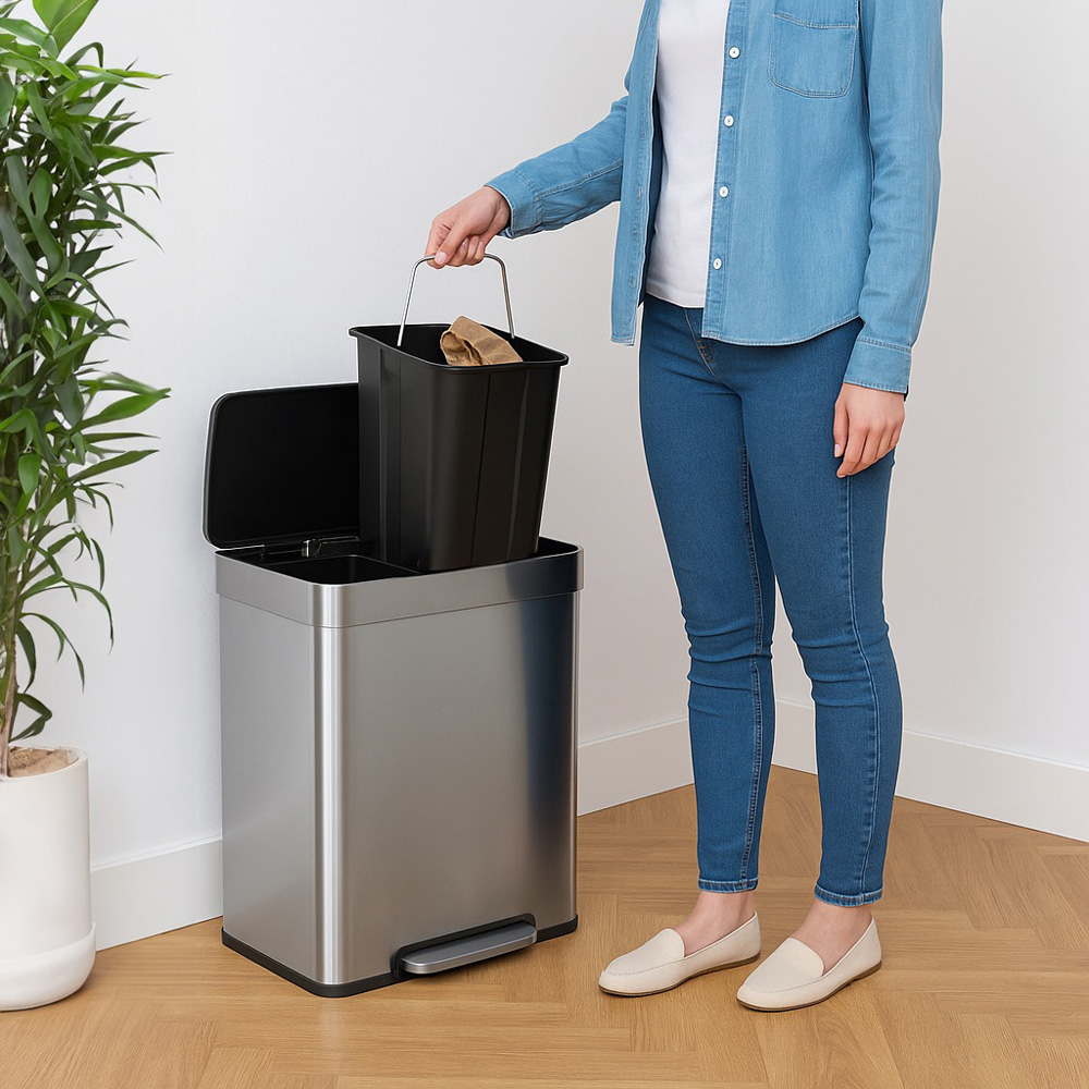 Harbour Housewares Brushed Stainless Steel Double Kitchen Pedal Bin 60L Image 4