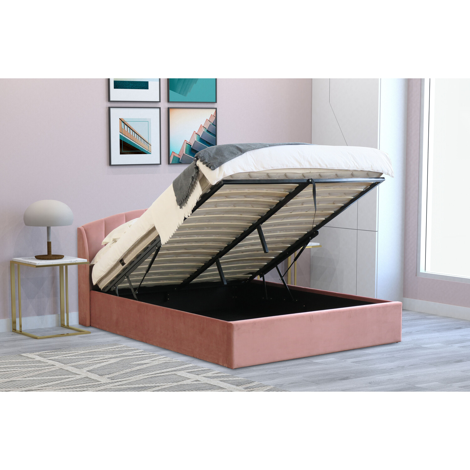 Grace King Size Blush Velvet Touch Ottoman Bed Image 3