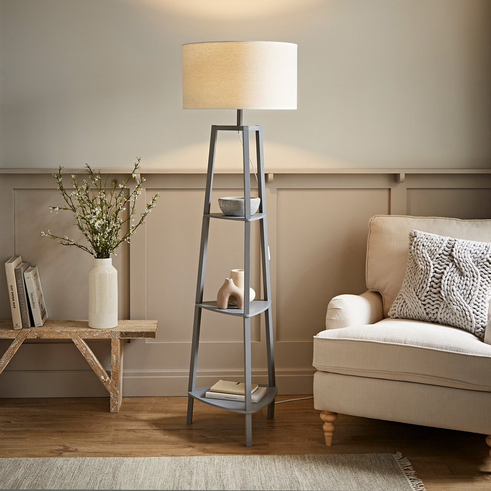 ValueLights Hiru Grey 3 Shelf White Trim Linen Shade Floor Lamp with Bulb Image 2
