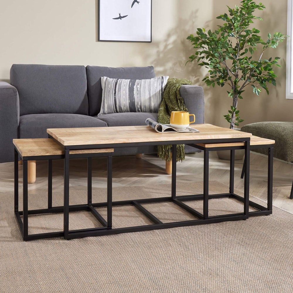 Home Source Cherokee Mango Wood and Metal Nest of Table Set of 3 Image 8