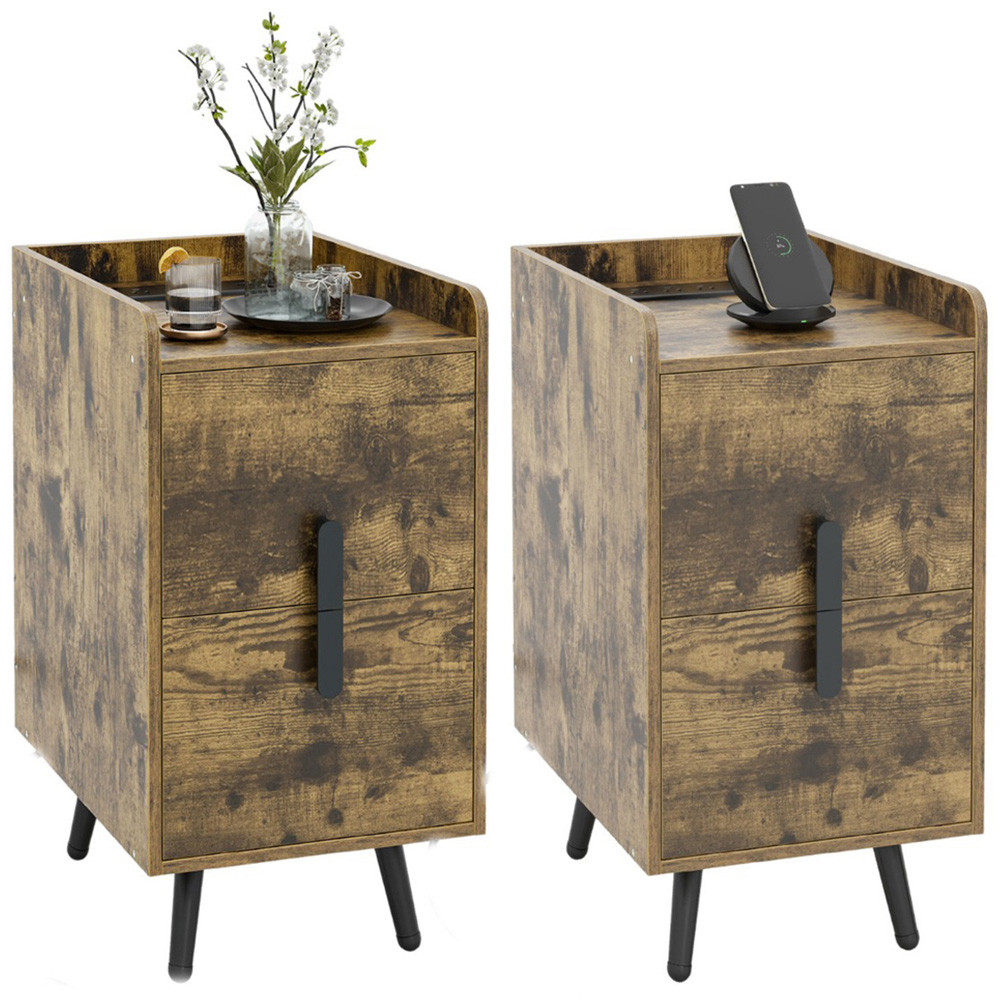 Costway 2 Drawer Single Shelf Rustic Brown Bedside Table Image 3