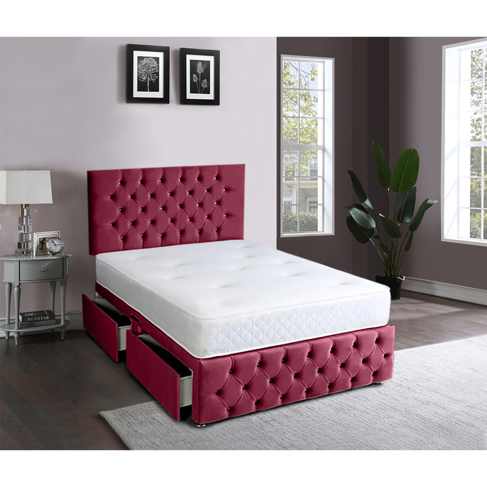 Eleganza Home Serenova Super King Size Maroon Plush Velvet 2 Drawer Divan Bed with Headboard Image 2