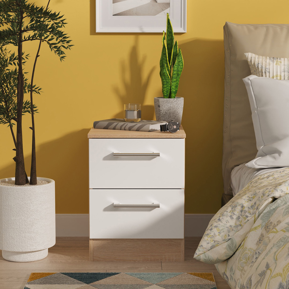 Crowndale Devon 2 Drawer Matt White and Bardolino Oak Compact Bedside Cabinet Ready Assembled Image 7
