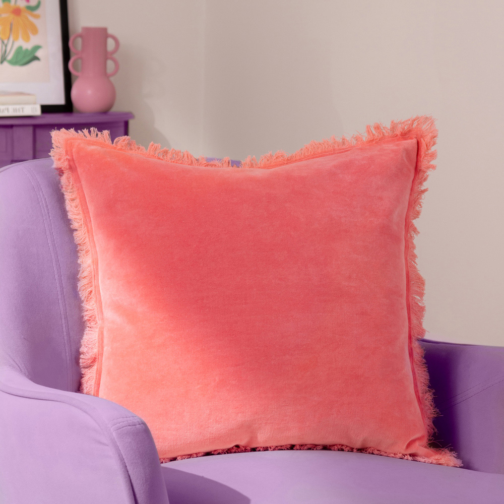 furn. Gracie Coral Velvet Fringed Cushion Image 2