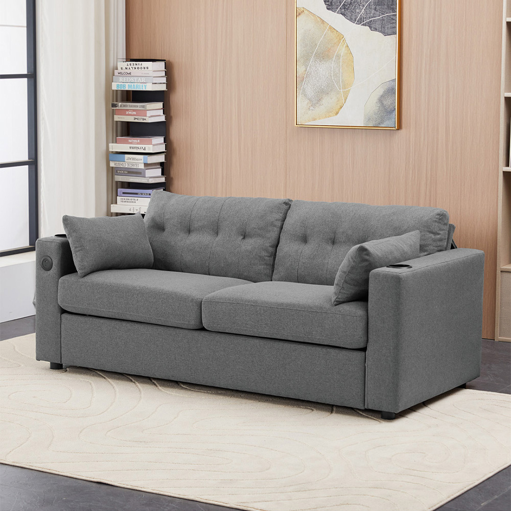 Living and Home 2 Seater Grey Linen Pull Out Sofa Bed with USB Port Image 8