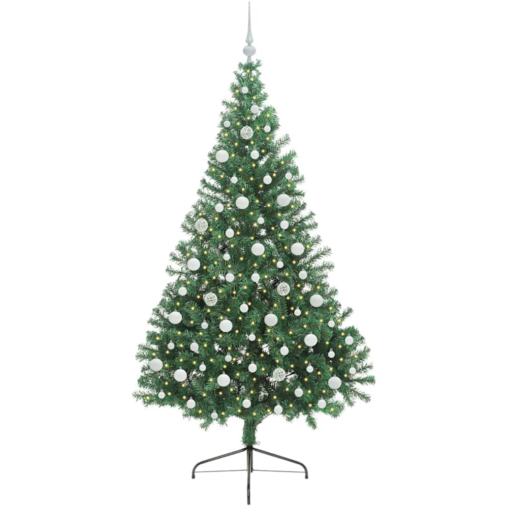 vidaXL Pre-Lit White Baubles Green Artificial Christmas Tree 7ft Image 1