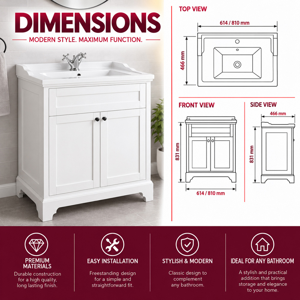 Go Bathrooms Arundel 2 Door Matt White Traditional Floorstanding Vanity Unit 800mm Image 8