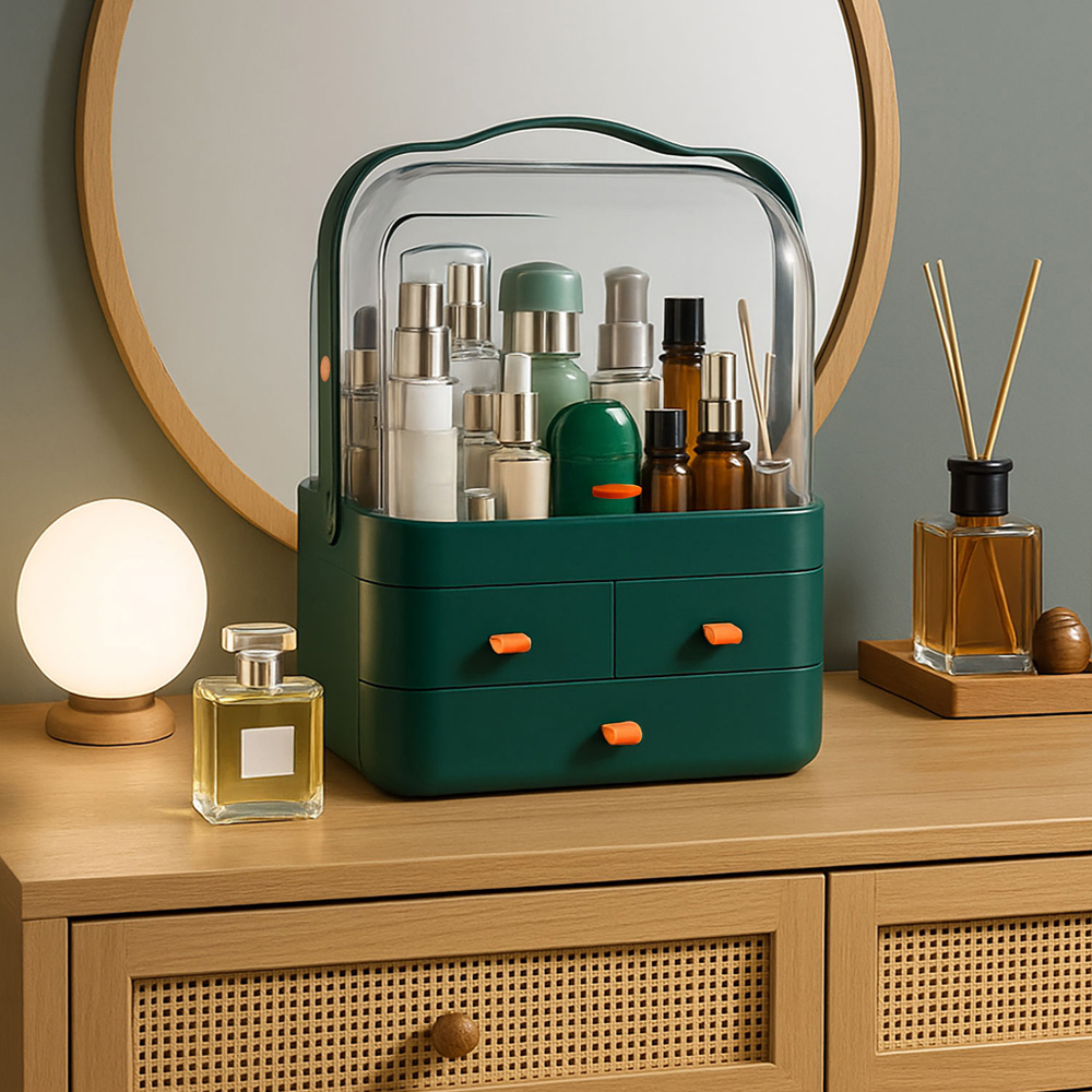 Neo 3 Drawer Green Acrylic Makeup Storage Organiser with Lid Image 3