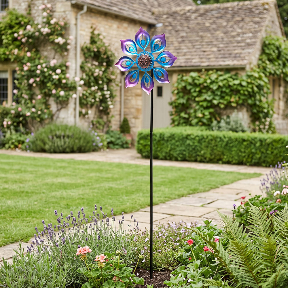 Living and Home 8 Blades Blue and Purple Metal Flower Wind Spinner 120cm Image 2