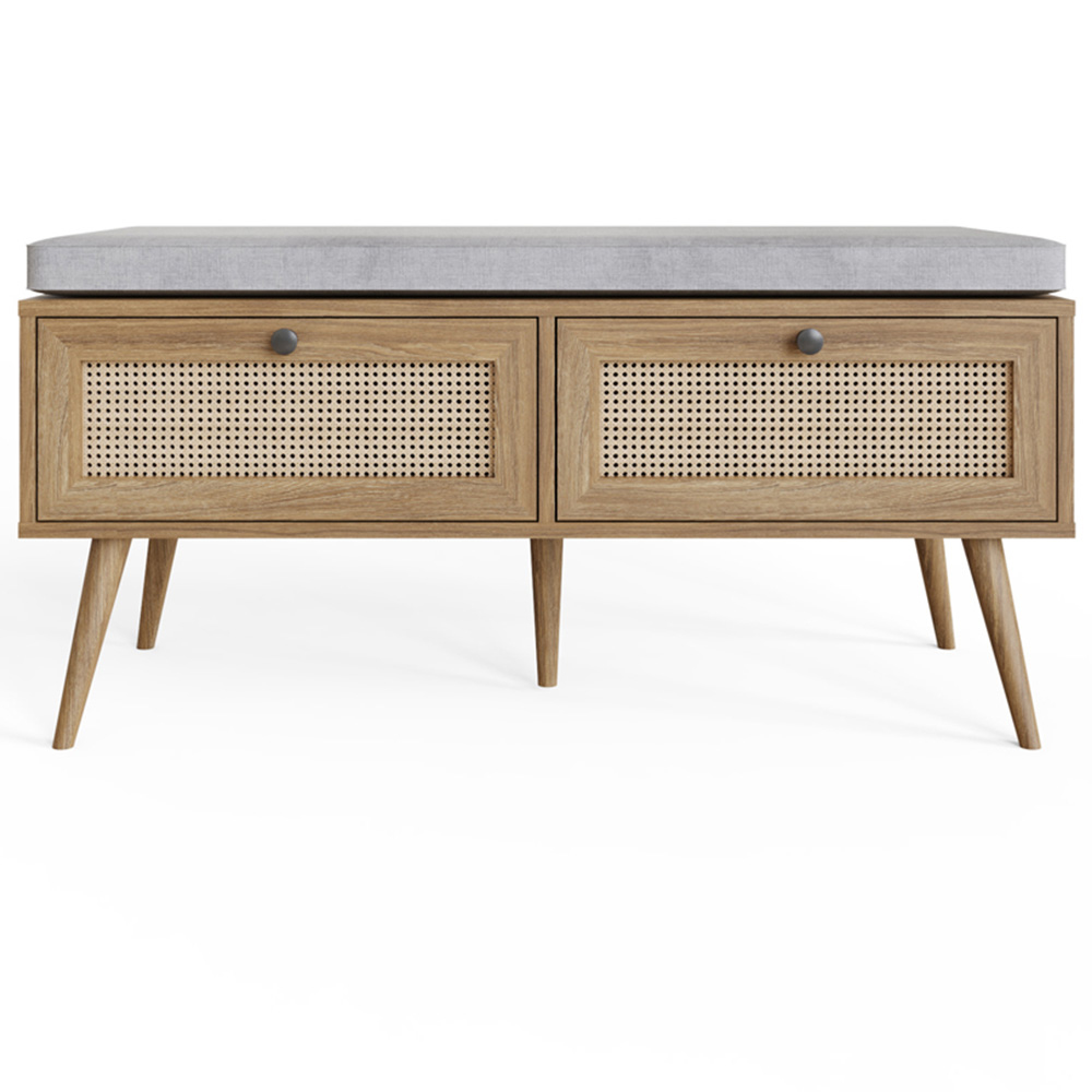 GFW Noor 2 Drawer Oak Rattan Shoe Cabinet with Cushioned Seat Image 3
