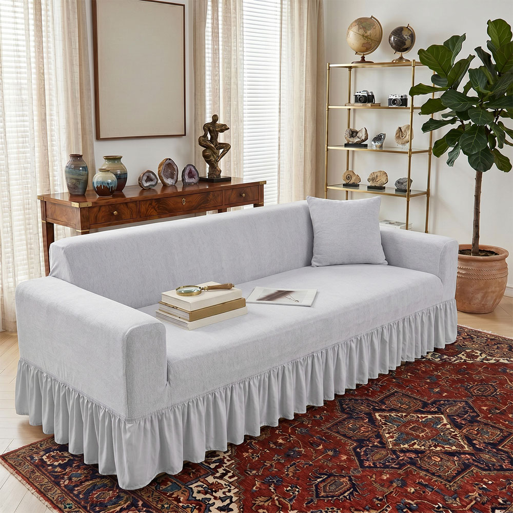 Living and Home 3 Seater Light Grey Vintage Chenille Sofa Cover Image 7