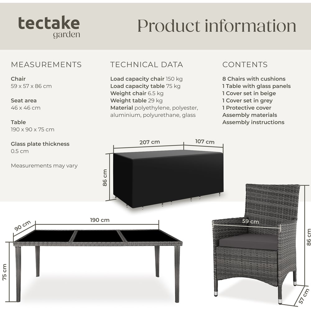 tectake Menorca 8 Seater Grey Dining Table Set with Cover Image 9