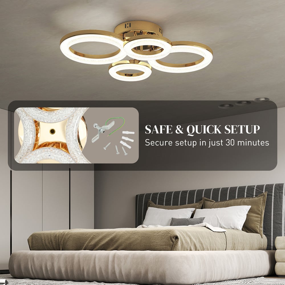 HOMCOM Modern Gold 4 Ring Flush Mount LED Ceiling Light Image 6