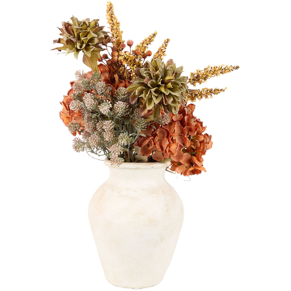 Bright Faux Hydrangea Arrangement in Ceramic Vase Burnt Orange Image 2