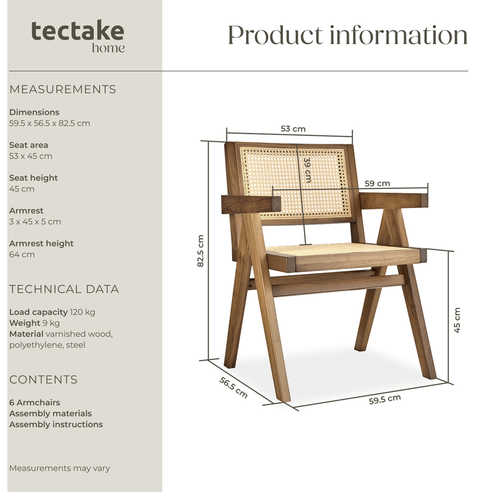 Tectake Lizzy Set of 6 Light Oak Rattan Backrest Dining Chair Image 9