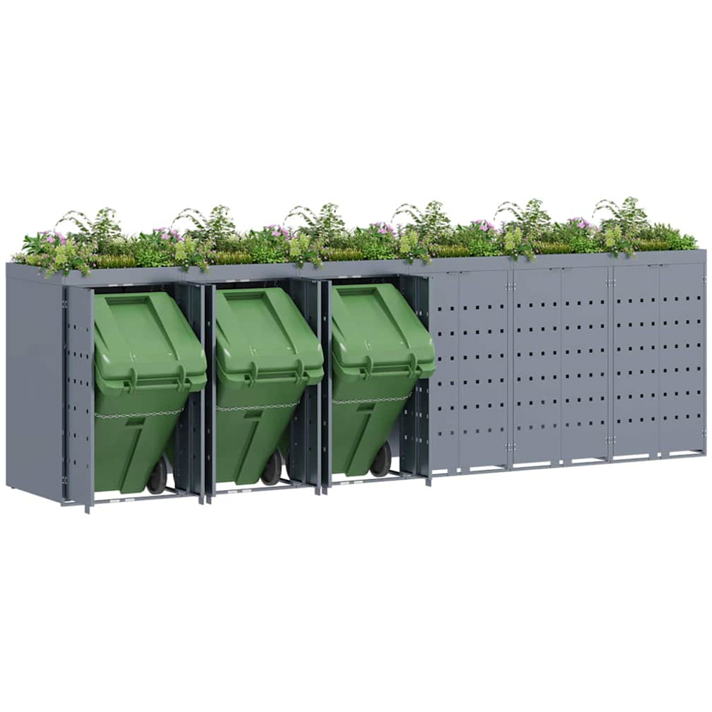 vidaXL Light Grey 6 Wheelie Bin Storage Shed with Planter Roof Image 3