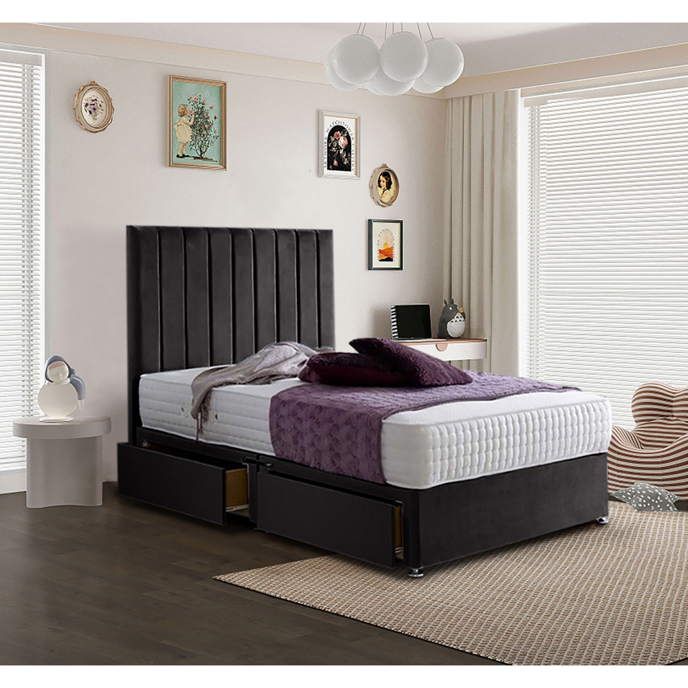 Eleganza Home Sleepytime Double Black Plush Velvet 2 Drawer Divan Bed with Headboard Image 2