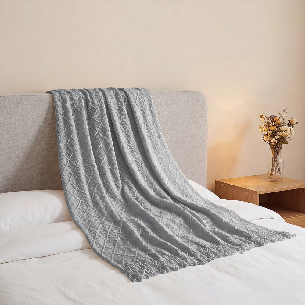 Living and Home Light Grey Diamond Knit Throw Blanket with Tassels 130 x 170cm Image 2