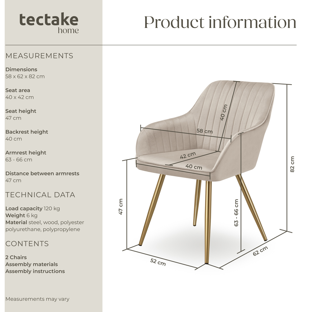 Tectake Marilyn Set of 2 Taupe and Gold Quilted Velvet Continuous Backrest Dining Chair Image 9