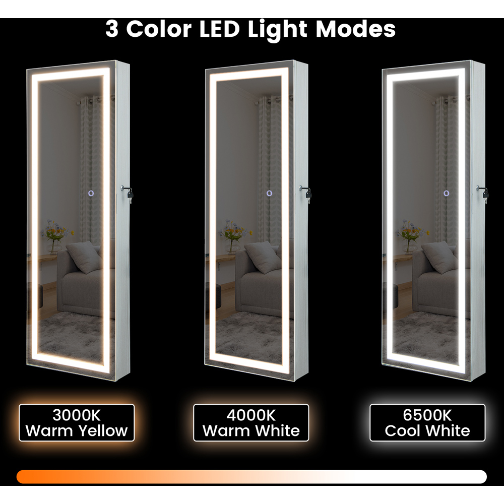 Costway White LED Mirror Jewellery Cabinet with Lockable Magnetic Door Image 7