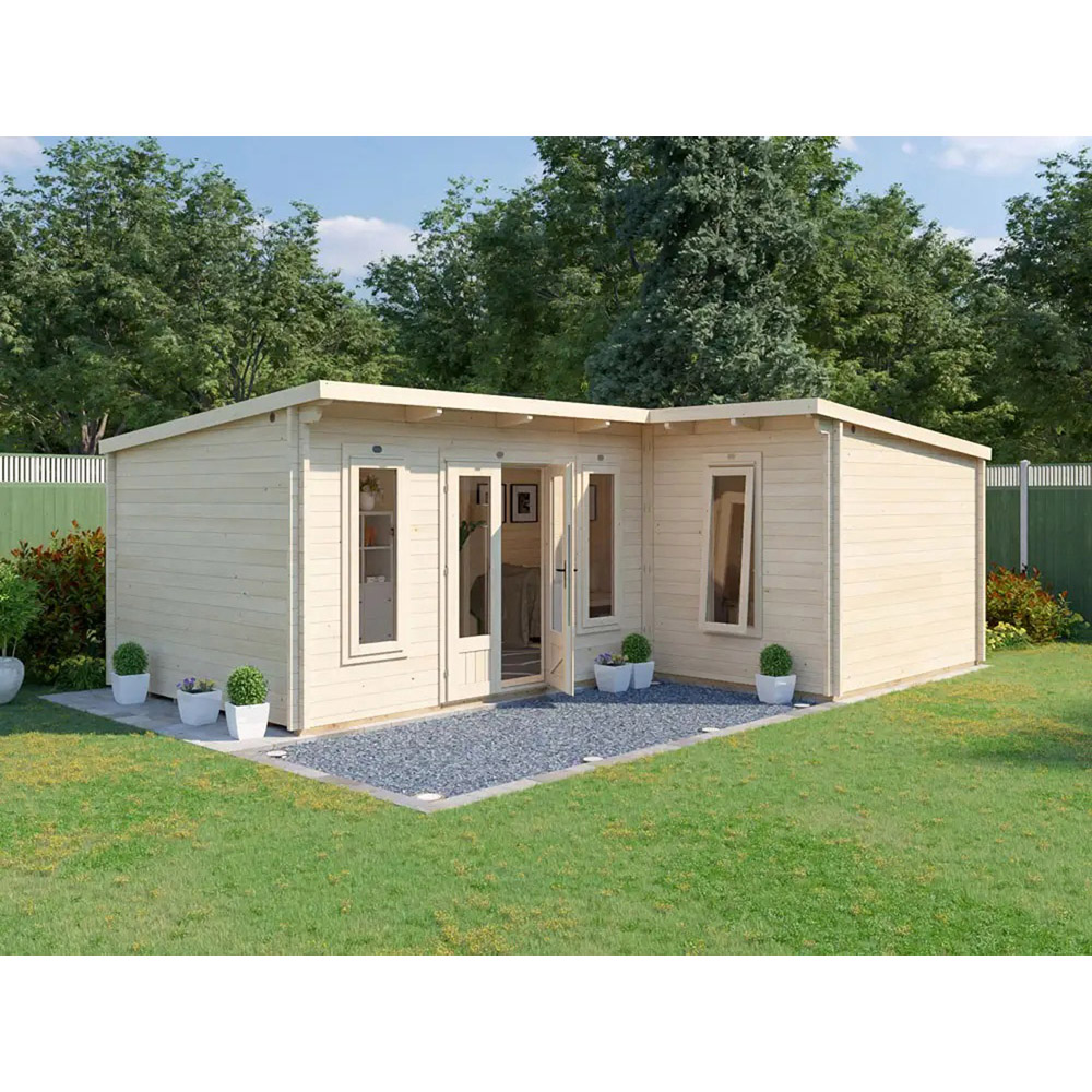 Dunster House HellWolf 23 x 16ft Brown L-Shaped Double Glazed Pent Garden Log Cabin Image 2
