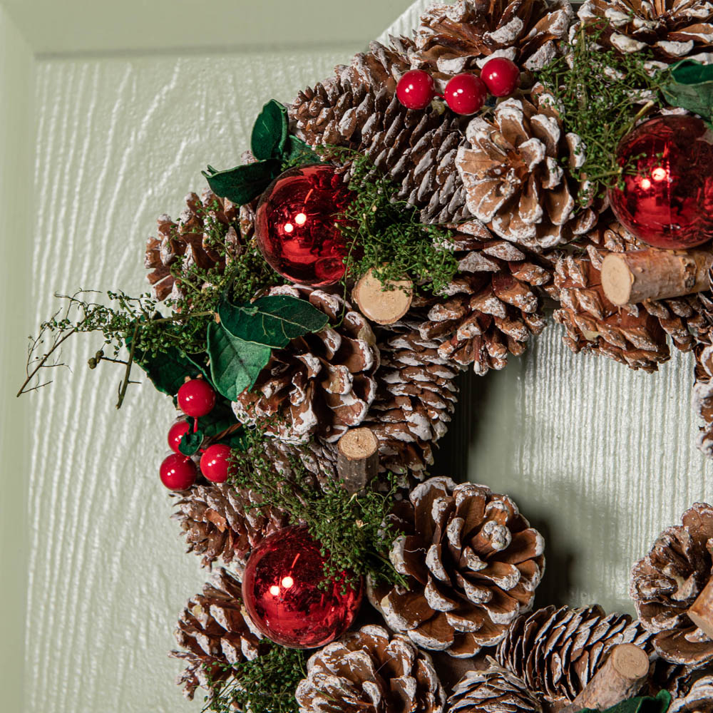 Samuel Alexander YuleFest Christmas Wreath with Baubles and Snow Tipped Pine Cones 30cm Image 4
