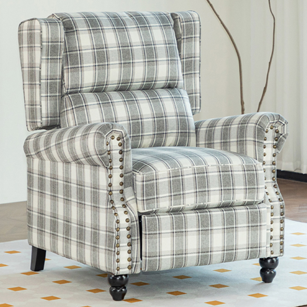 Living and Home Grey Beige Plaid Wingback Recliner Armchair with Adjustable Backrest and Footrest Image 1