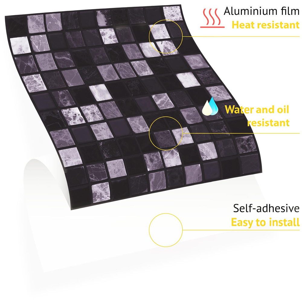 Walplus Marquina Metallic Black and White Marble Mosaic Wall Tile Sticker 15 x 15cm 48 Pack Image 7