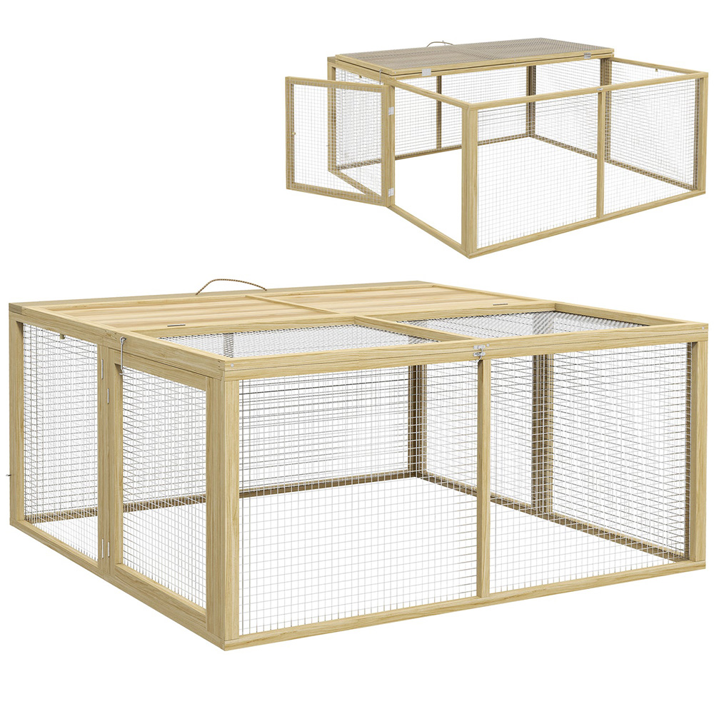 PawHut Natural Folding Wooden Rabbit Hutch with Openable Top Image 1