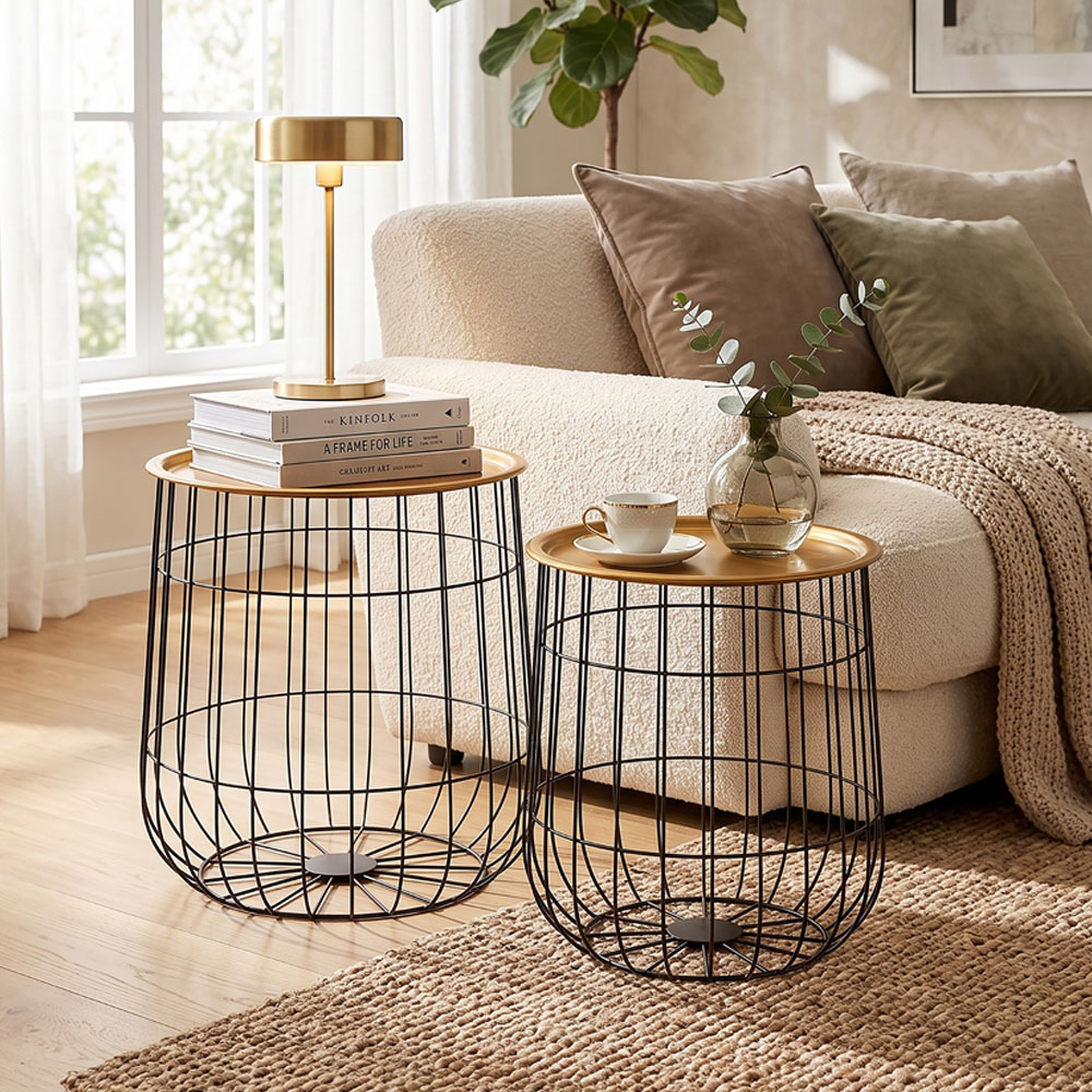 Premier Housewares Hege Brass Finish Top Black Metal Wire Base Side Table Set of 2 Image 3