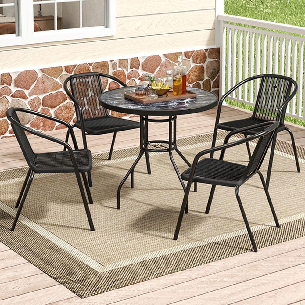 Living and Home Wicker 4 Seater Black Marble Round Dining Set Image 1