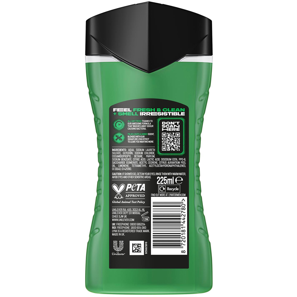 Lynx Jungle Fresh Palm Leaves and Amber 12H Refreshing Fragrance Shower Gel 225ml 3 Pack Image 9