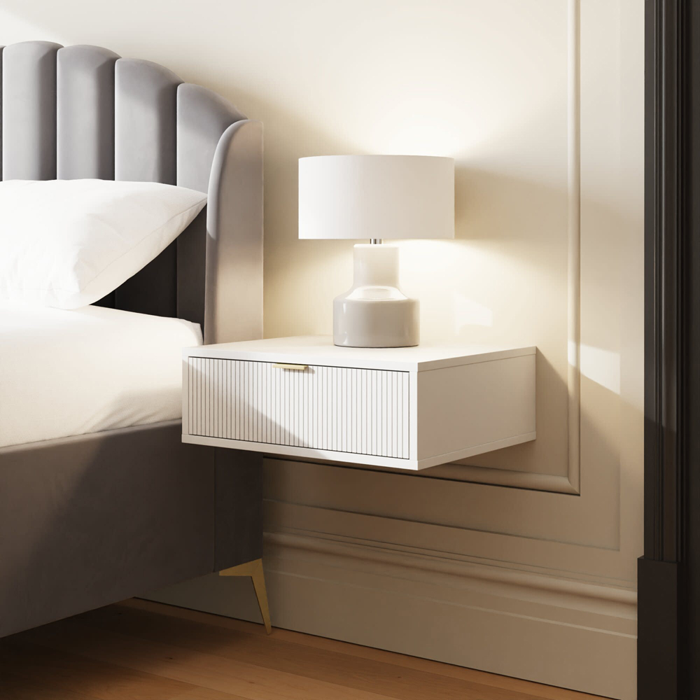 GFW Sienna Single Drawer White Ribbed Wall Mounted Bedside Table Image 8