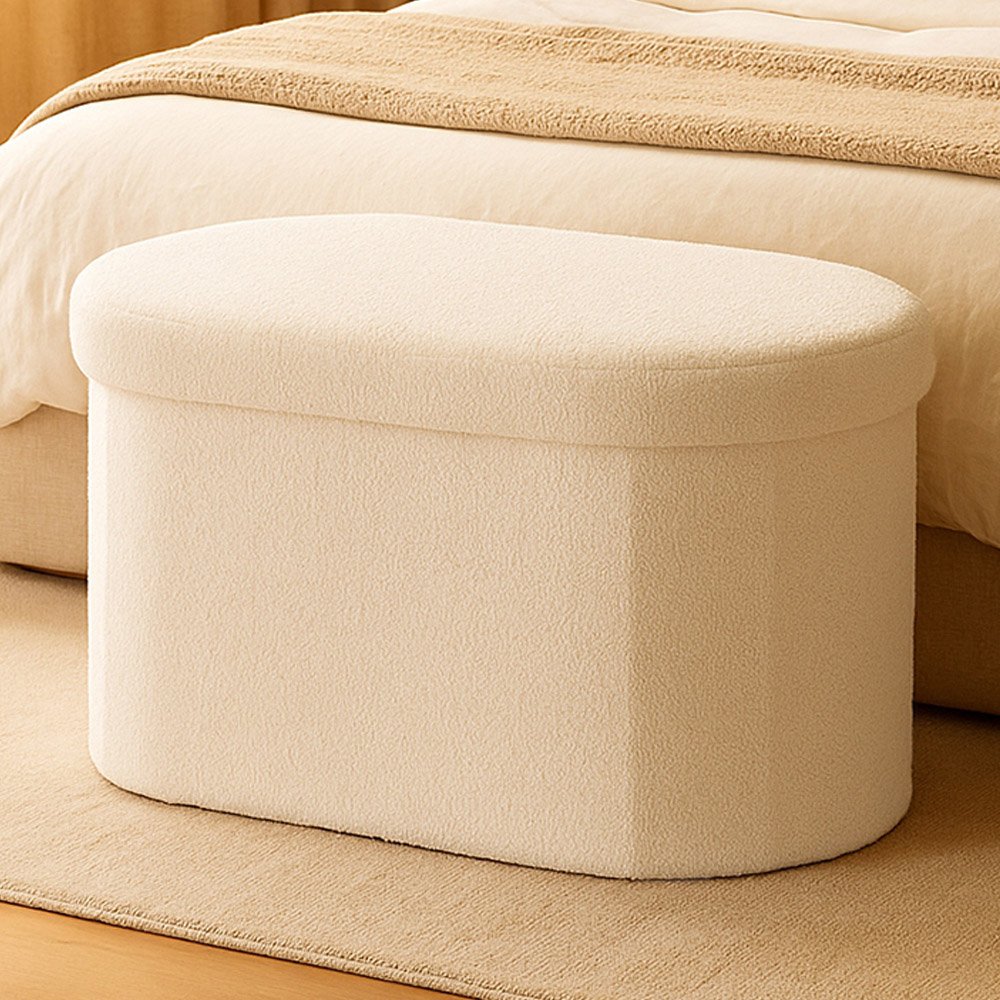 Jack Stonehouse White Teddy Boucle Pouffe Collapsible Ottoman 85L Image 1