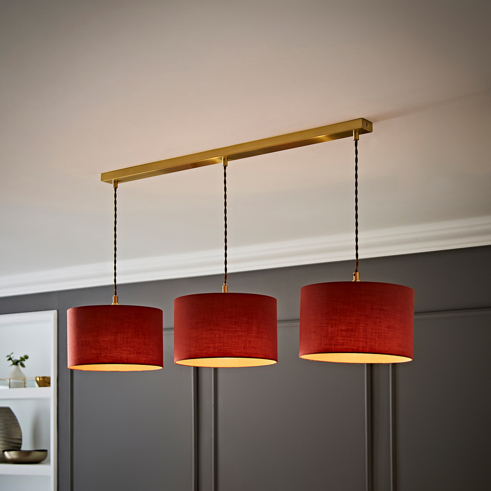 ValueLights Reni Rust Drum Shade 3 Drop Bar Gold Diner LED Ceiling Pendant Light Image 2