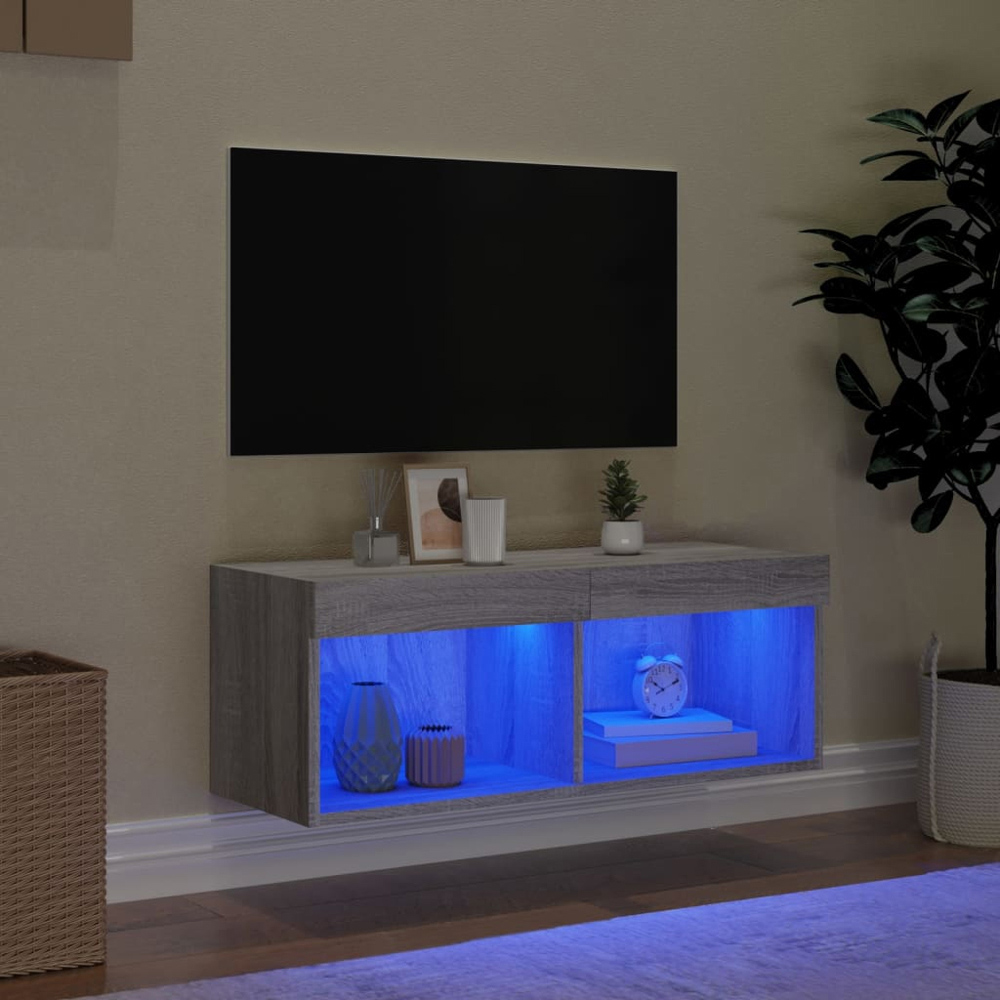 vidaXL 2 Shelf Grey Sonoma Wall Mounted TV Cabinet with RGB LED Lights Image 8