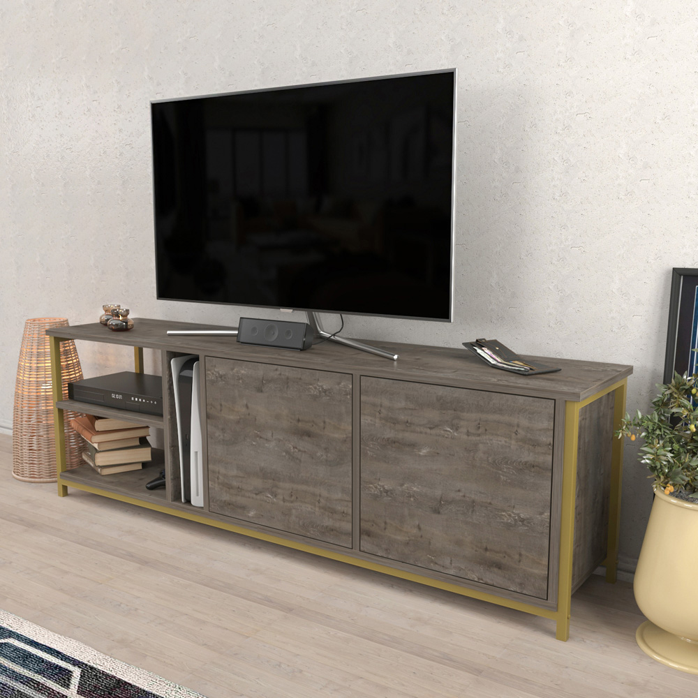 Decorotika Primrose 2 Door 3 Shelf Gold Wenge TV Stand for 72 inch TV Image 5