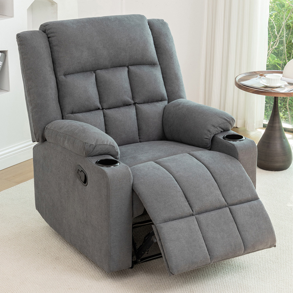 Living and Home Grey Fabric Recliner Chair with Adjustable Footrest and Cup Holders Image 1