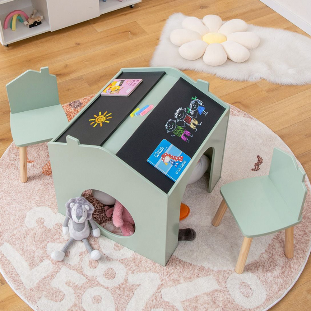 Costway 2 Seater Grey Kids Table and Chair Set with Chalkboard Image 1