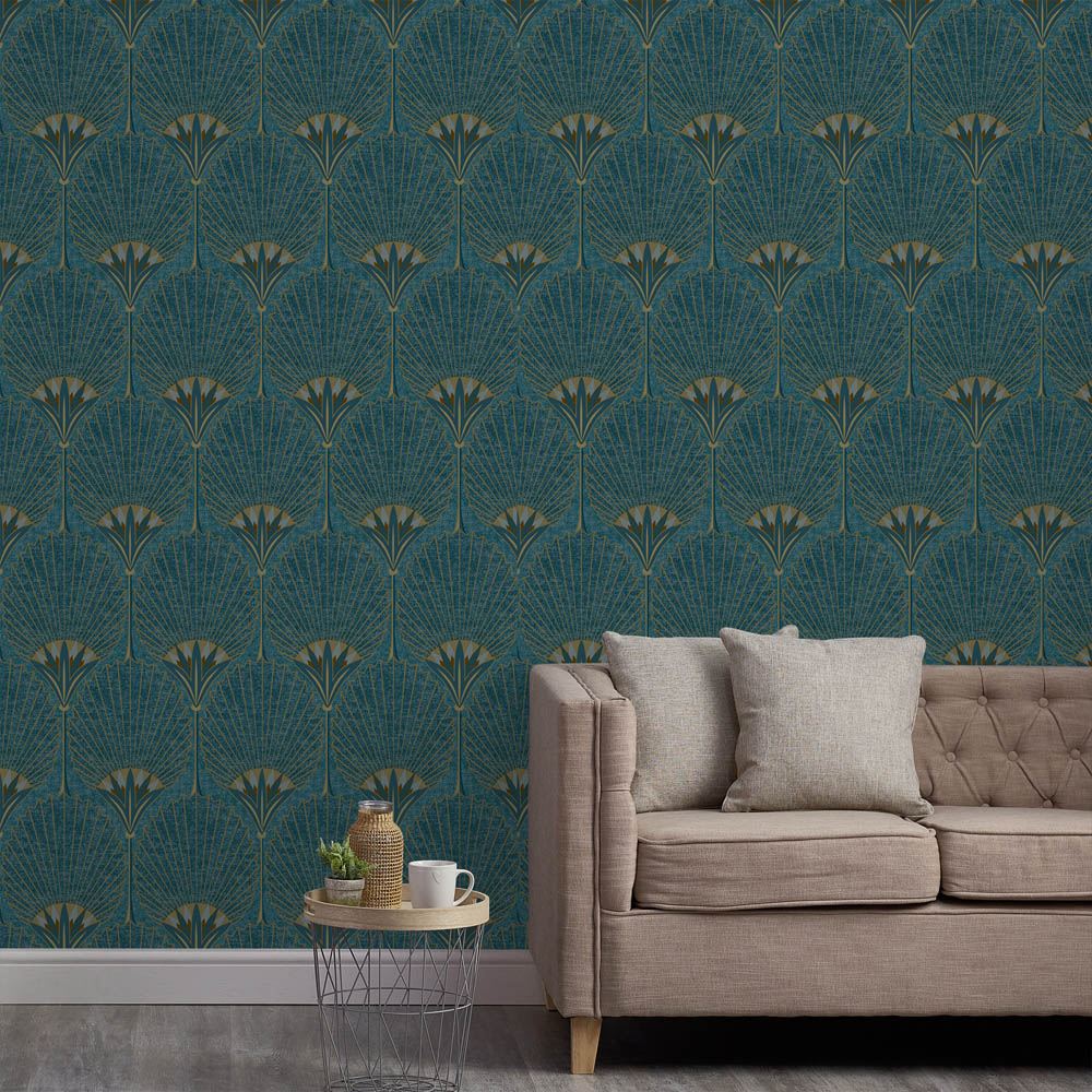 Grandeco Art Deco Nile Palm Blue and Gold Textured Wallpaper Image 3